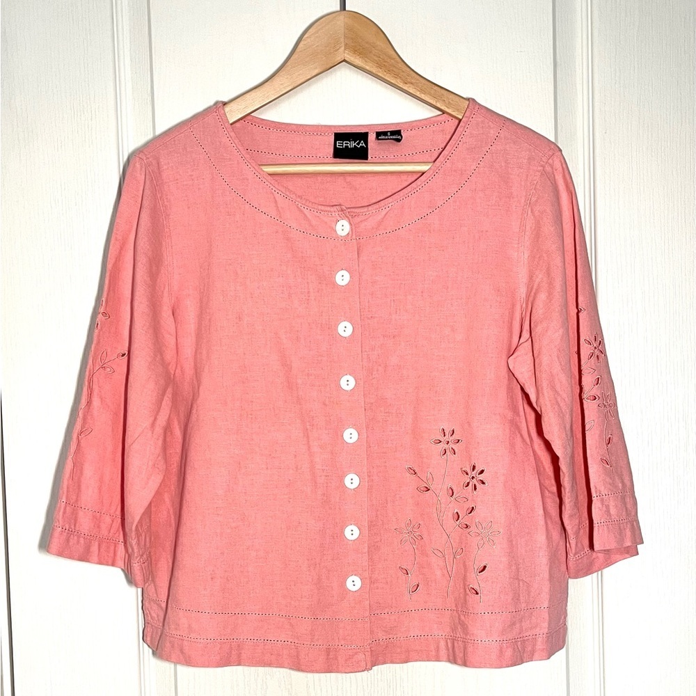 Erika Vintage‎ Pink Linen Blend Eyelet Embroidered Top Sz S Feminine Cottagecore